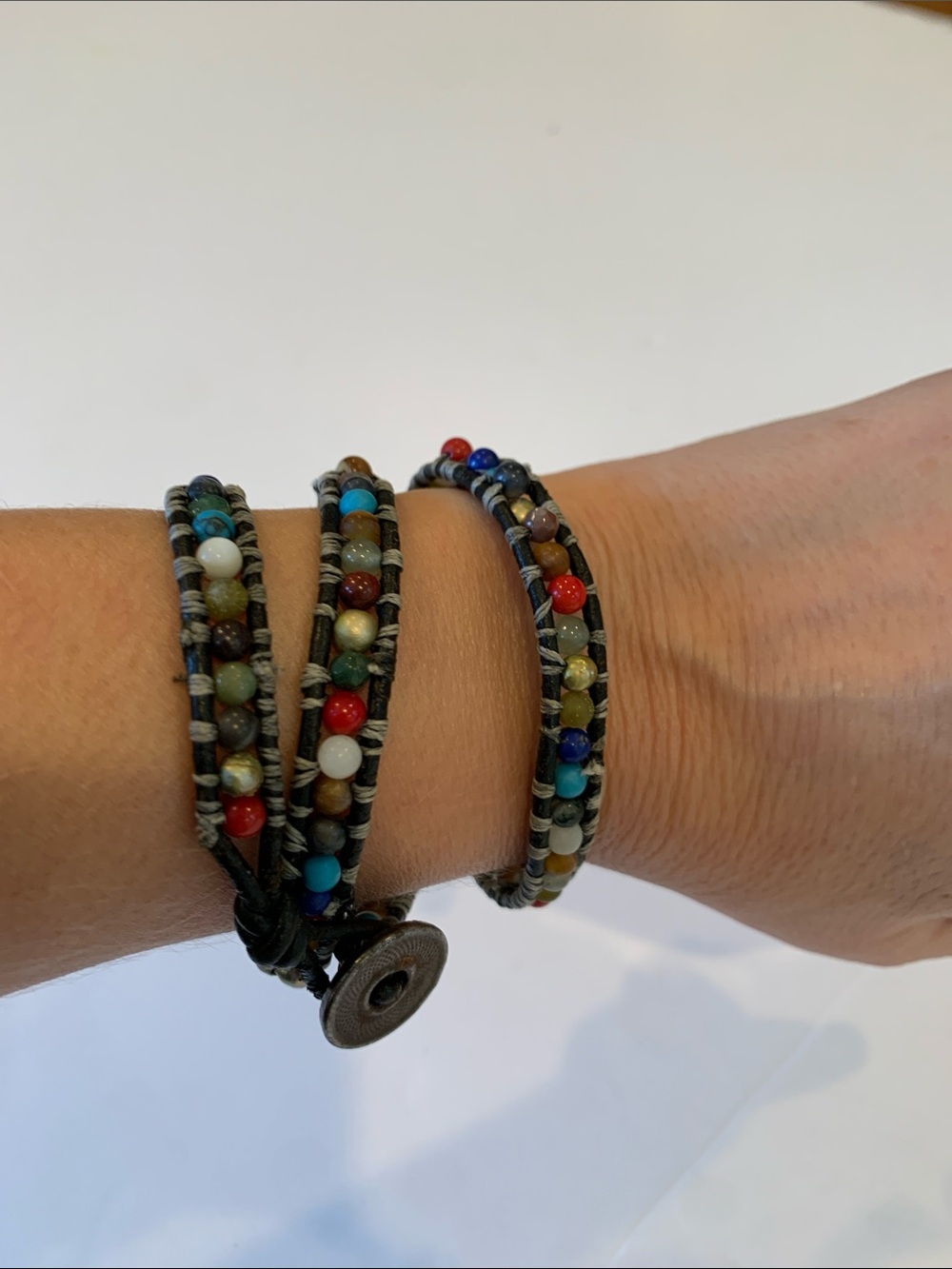 Boho Multi Stone Beaded Leather Wrap Bracelet Rainbow Chakra Button Toggle